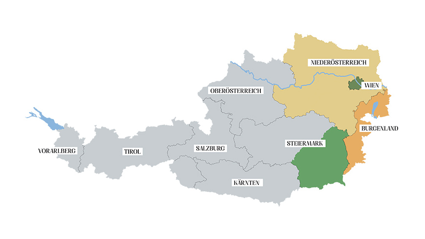 Zu sehen sind die spezifischen Weinbaugebiete Österreichs auf einer Karte, Stand Mai 2020